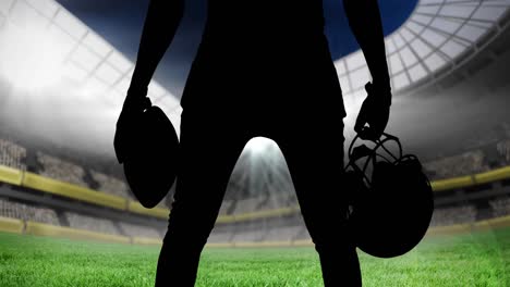 animación de la silueta de un jugador de fútbol americano sobre un estadio deportivo