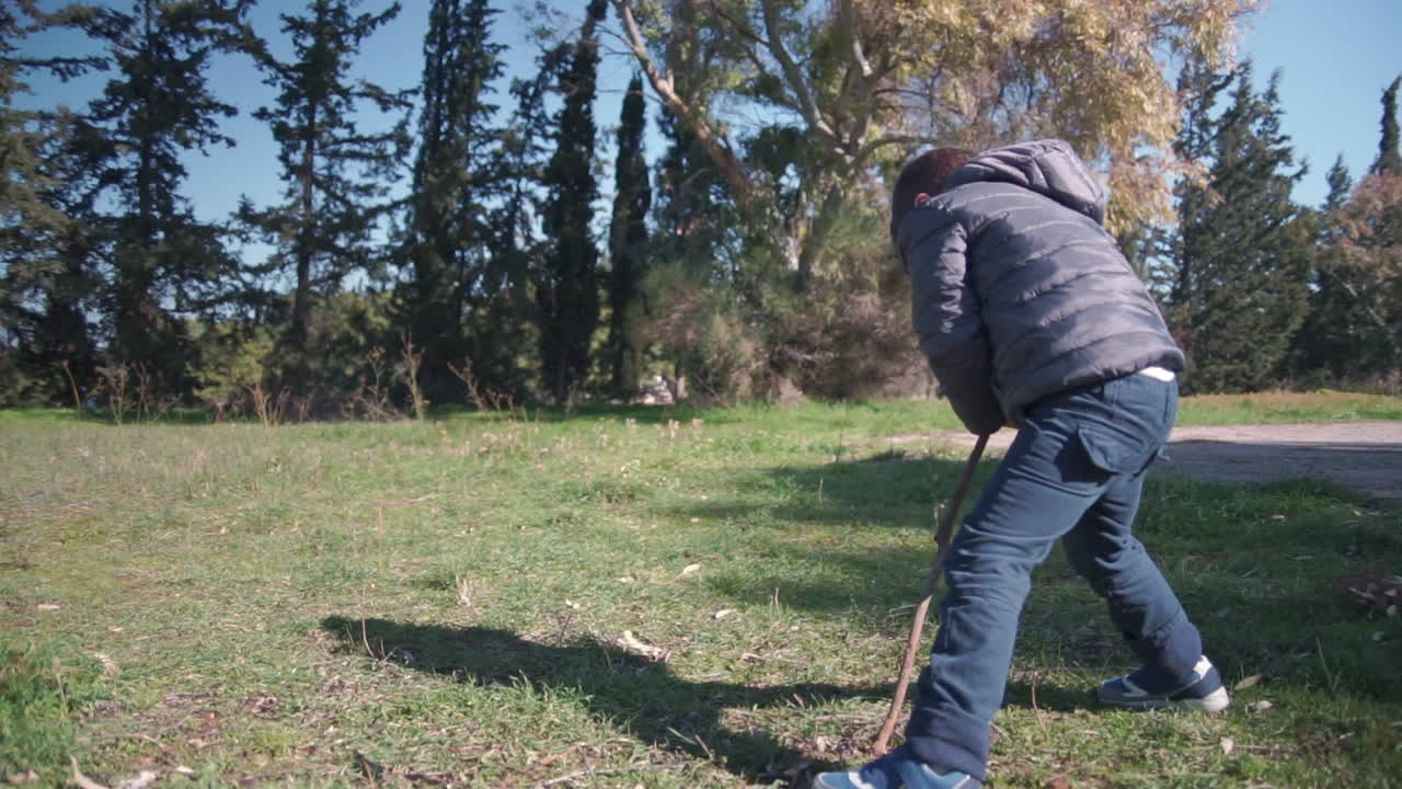 medium shot of toddler in the fields digging with a wooden stick 60fps