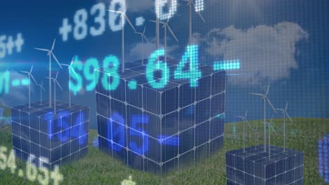 Stock-market-data-processing-against-cubes-of-solar-panels-and-windmills-on-grass-against-blue-sky