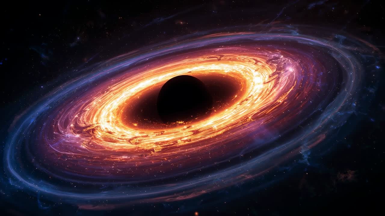 Rotating black hole developing hotspots as inner ring brightening, sending flecks across blue rings