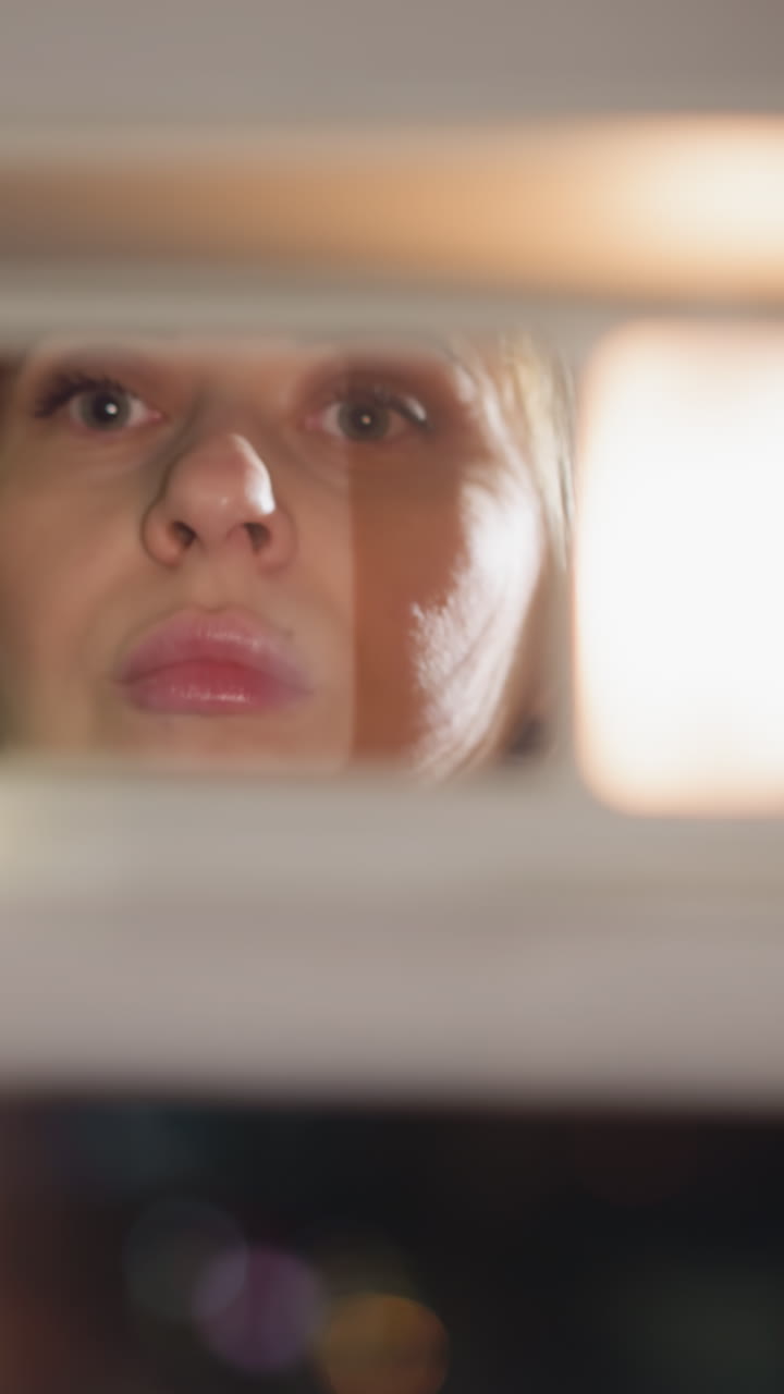 vista de una mano con esmalte de uñas oscuro abriendo un espejo de coche. la escena muestra el espejo abriéndose, centrándose en el movimiento y el reflejo. borroso, primer plano, cámara de mano