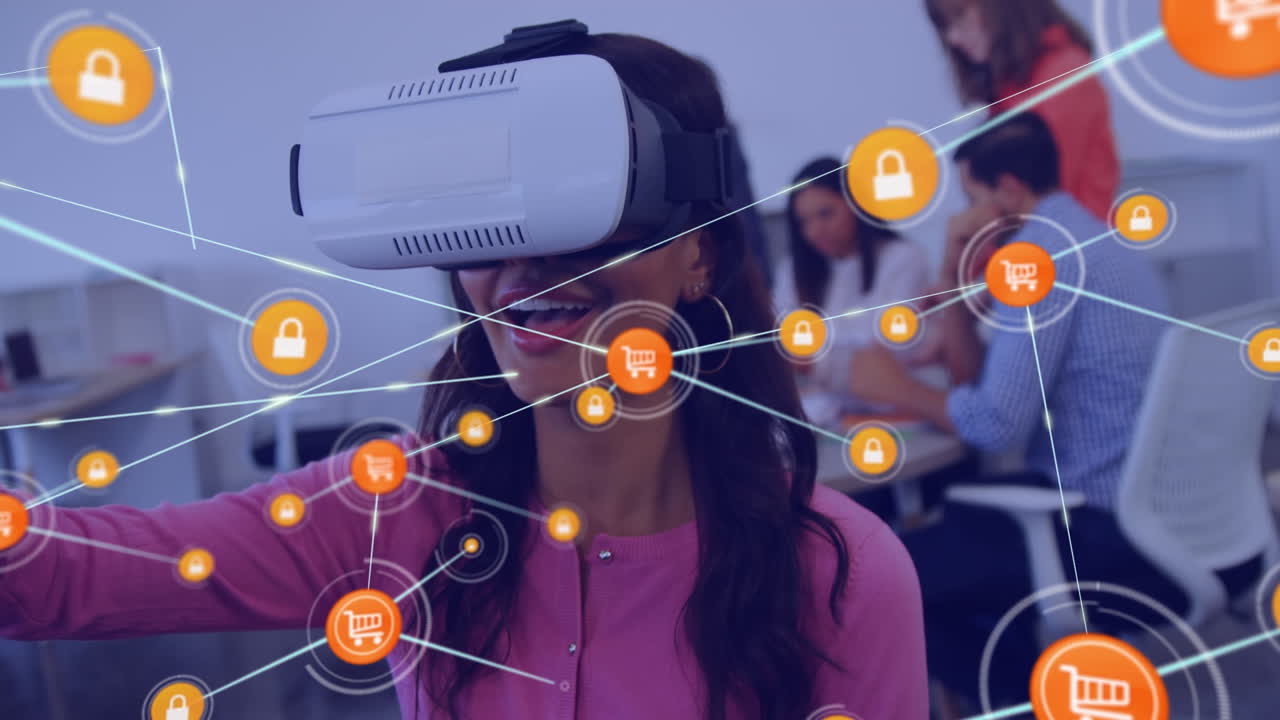animación de la red de conexiones con iconos sobre diversas personas de negocios que usan auriculares vr