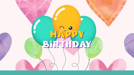 Animation-of-the-words-happy-birthday-in-yellow-and-white-with-floating-balloons-over-hearts-on-pink