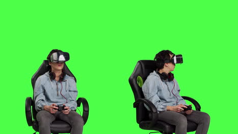 Woman-playing-video-games-using-virtual-reality-headset-in-studio