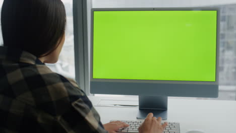 copywriter texting mockup keyboard big windows room. woman coding chromakey pc