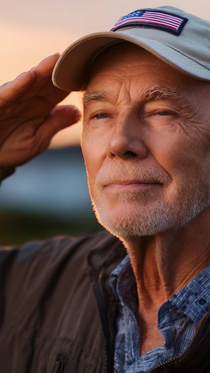 Un anciano reflexivo con una gorra con la bandera estadounidense saluda, con un hermoso fondo de puesta de sol, lo que refleja honor, respeto y admiración por su país