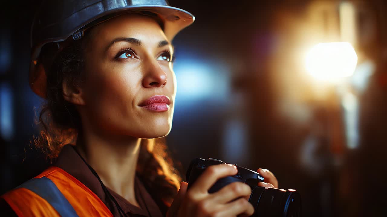 A Dedicated Worker in Safety Gear Holding a Camera, Reflecting on Important Moments, Capturing the Essence of Industrial Life while Illuminated by a Soft Background Light, Evoking Inspiration and Creativity