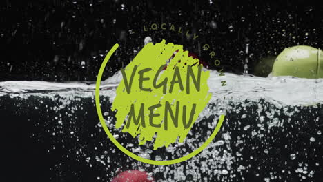 animation of vegan menu text over fruit falling in water background