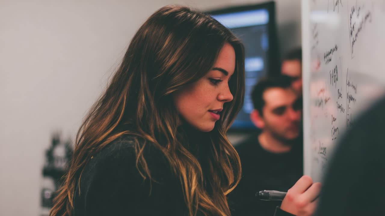 Focused Individual Engaging with Whiteboard: A Creative Problem-Solving Session Captured in Two Frames of Thought and Collaboration