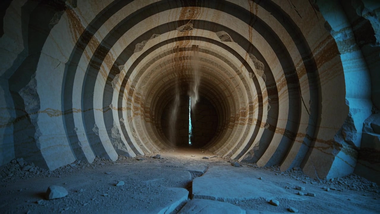 Showing carved ribbed shaft in quarry as light entering narrow slit lifting dust column along crack