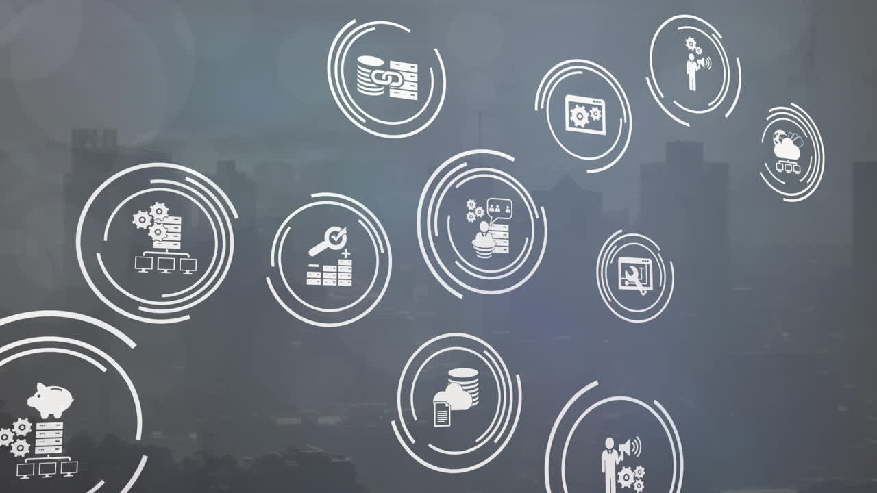 Animation of spots of light and digital icons against aerial view of cityscape