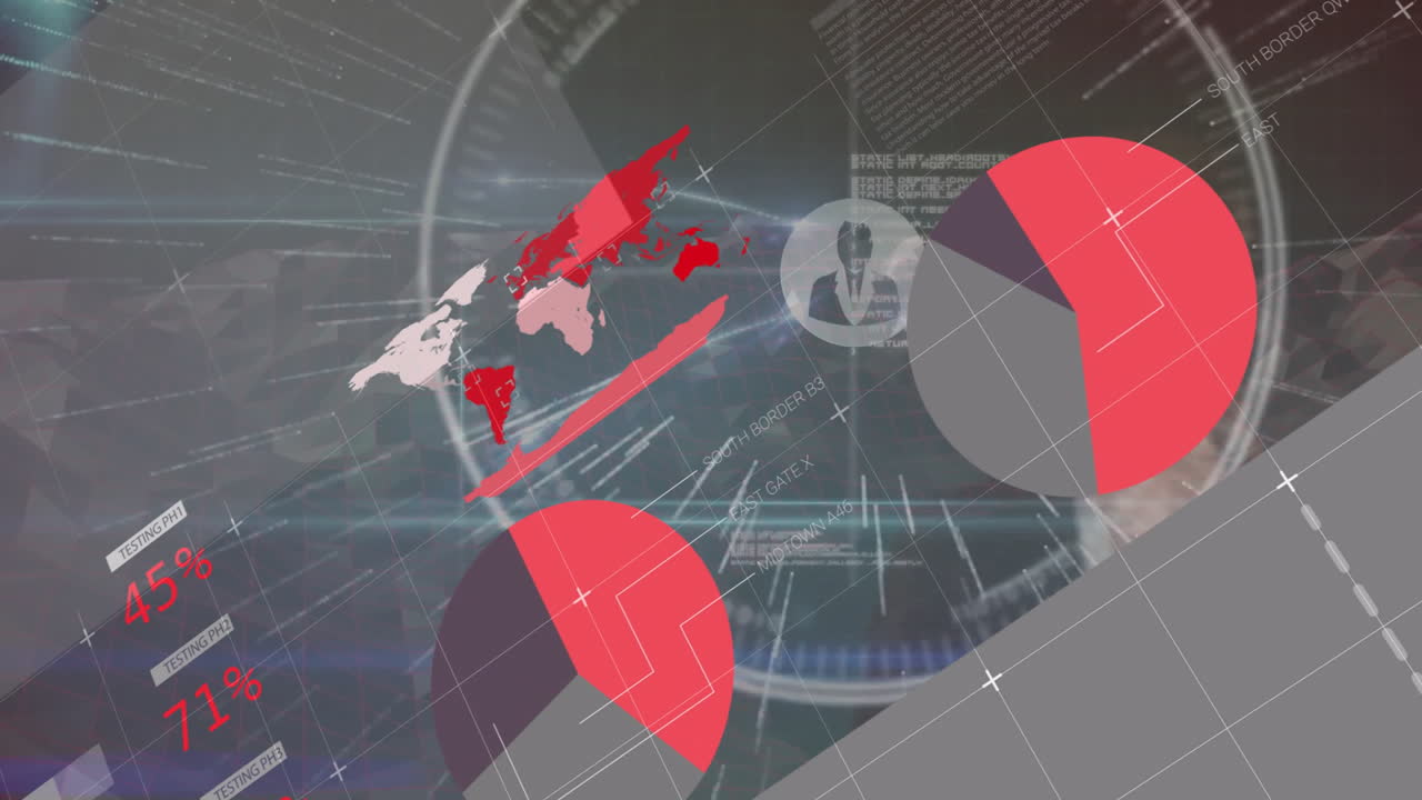 Animation of world map and charts overlaying businesswoman analyzing digital data