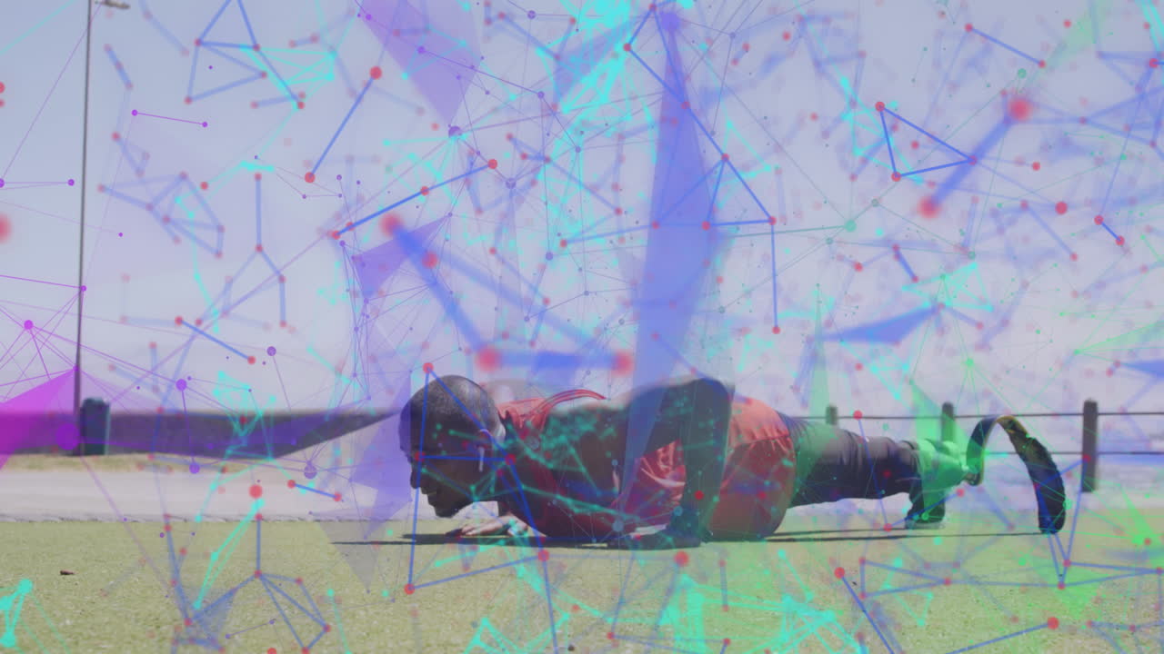 야외에서 운동하는 러닝 블레이드를 가진 남성 운동 선수에 대한 다채로운 네트워크의 애니메이션