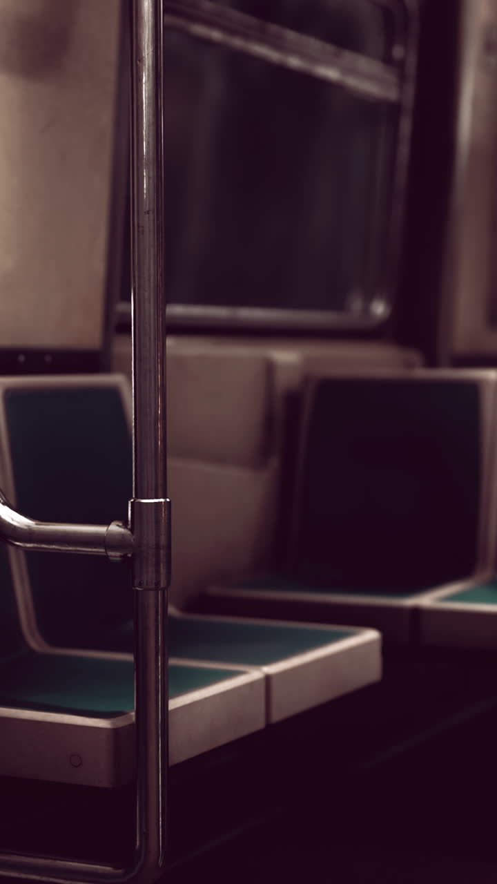 Primo piano dell'interno di un vagone della metropolitana con sedili vuoti e maniglie