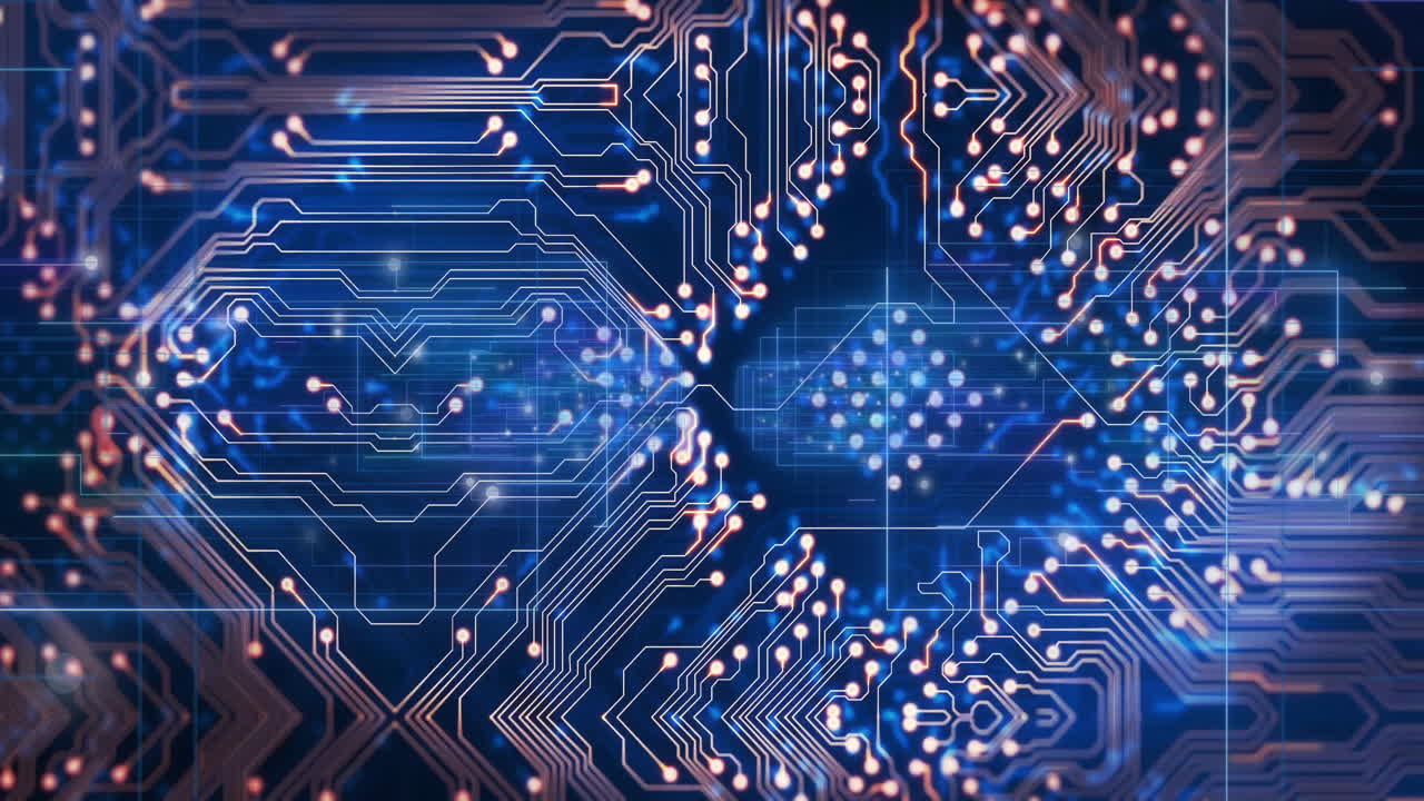 Animation of glowing circuit board pattern with lines and nodes on blue background