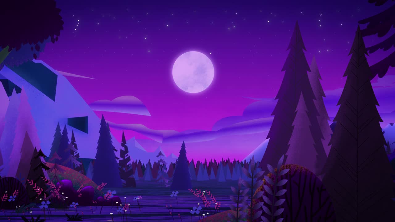 Bellissima e favolosa foresta di conifere notturna viola-blu. Vista del cielo notturno con stelle e una luna luminosa tra le rocce.