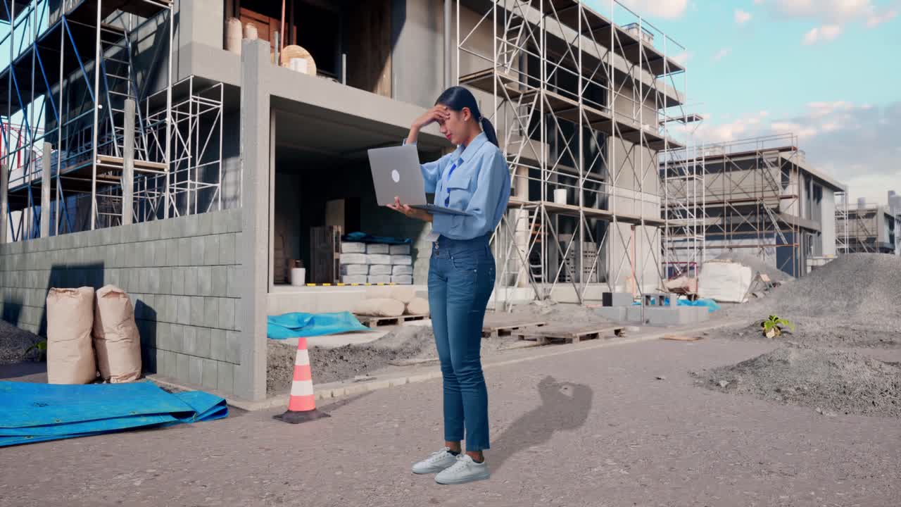 Full Body Side View Of Asian Female With Her Laptop At Construction Site in Progress to New House, Typing And Dissapionted With Nodding Her Shead