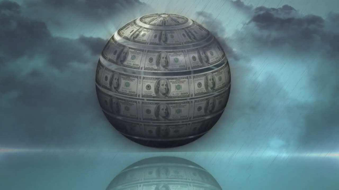 Digital komposition av en snurrande jordglob av amerikanska dollarsedlar mot regn på natthimlen.