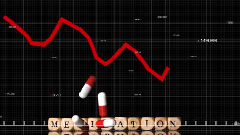 animation of falling pills and scrabble blocks with text medication over red diagram