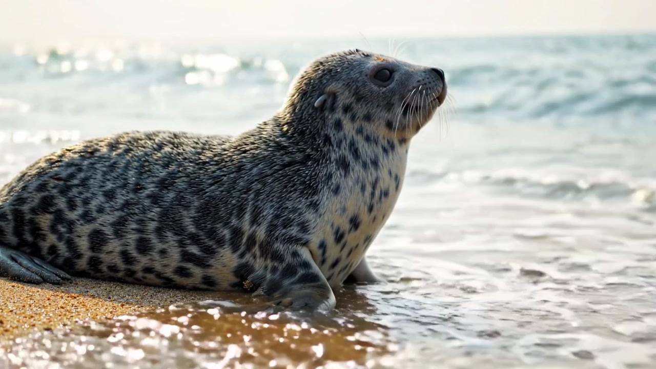 Una Giornata delle Foche in Spiaggia: Momenti Affascinanti di una Foca Maculata che si Rilassa e Riposa in Riva al Mare Sotto il Caldo Sole, con Dolci Onde che Lambiscono la Sabbia.