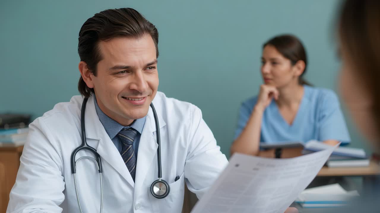 Medico con camice da laboratorio che legge una cartella, alza lo sguardo e parla con un paziente in clinica, infermiera in divisa con stetoscopio