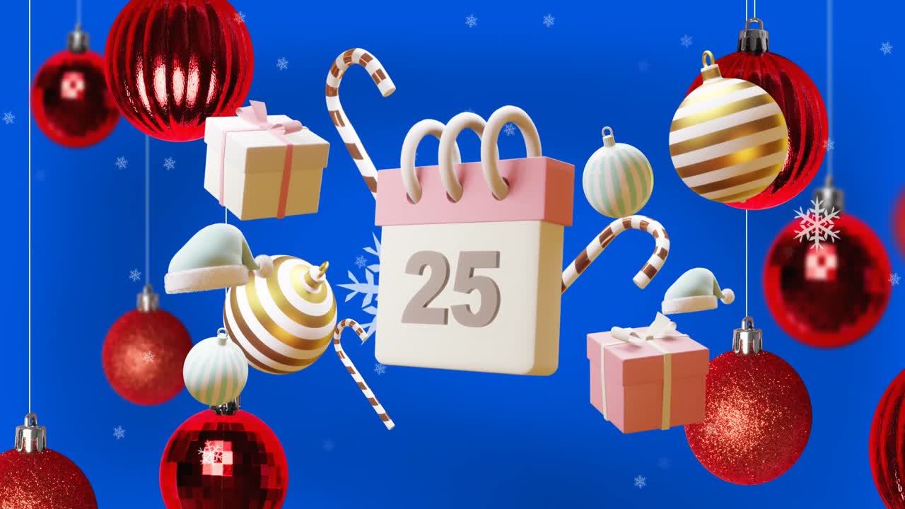 animación del calendario con la fecha del 25 de diciembre y decoraciones navideñas