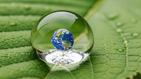 a crystal clear reflection: the earth encased in a water droplet resting on a leaf, symbolizing nature's fragility and beauty in stunning detail