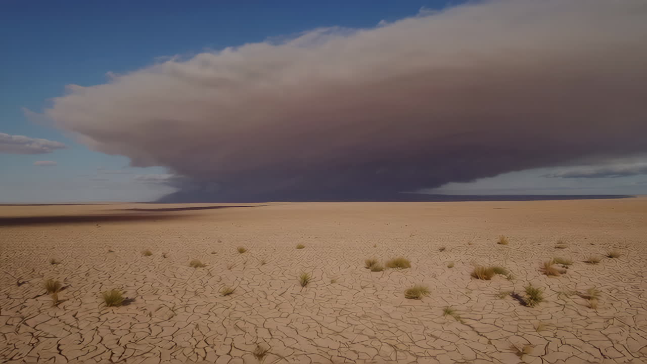 A Massive Storm Over a Dry, Cracked Desert Landscape