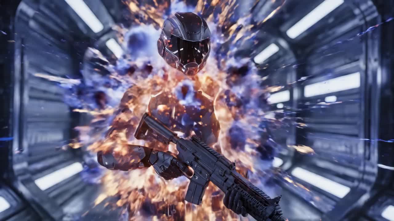 Futuristic Soldier with Gun in Sci-Fi Tunnel