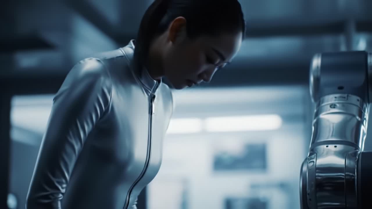 A Futuristic Interaction Between Human and Machine: A Pensive Individual in Sleek Attire Engaging with an Advanced Robotic Arm in a High-Tech Environment