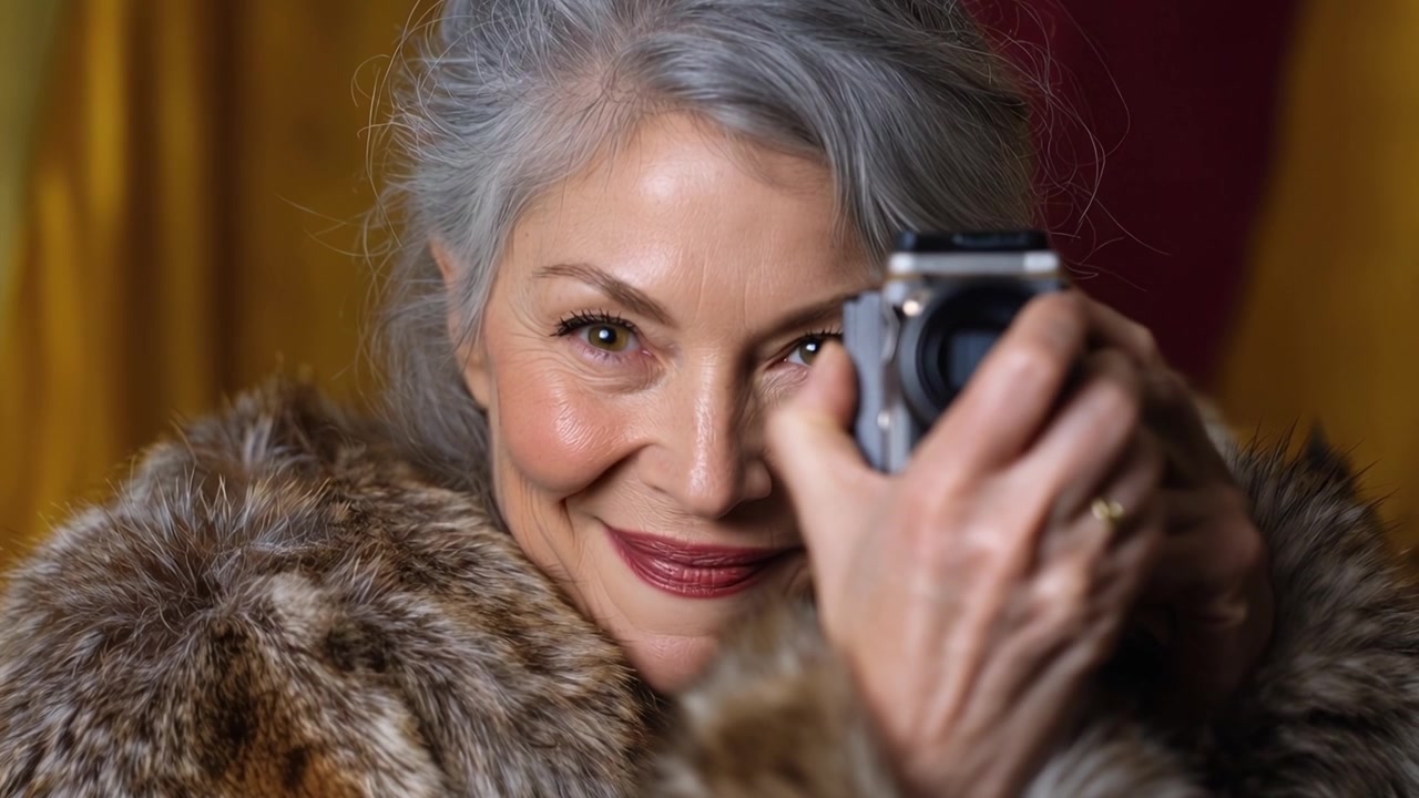 Elegant Senior Woman in Fur Coat Posing with Camera and Smiling