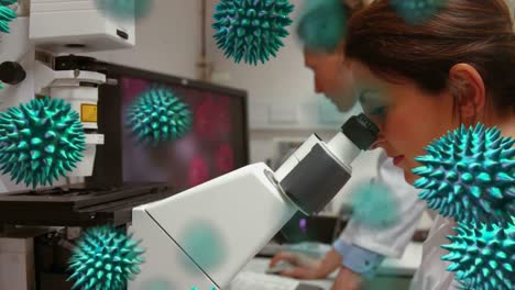 animación del virus de la corona azul con un científico en el fondo