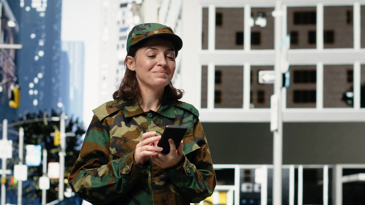 Ritratto di un ufficiale militare sorridente che usa lo smartphone nel centro metropolitano