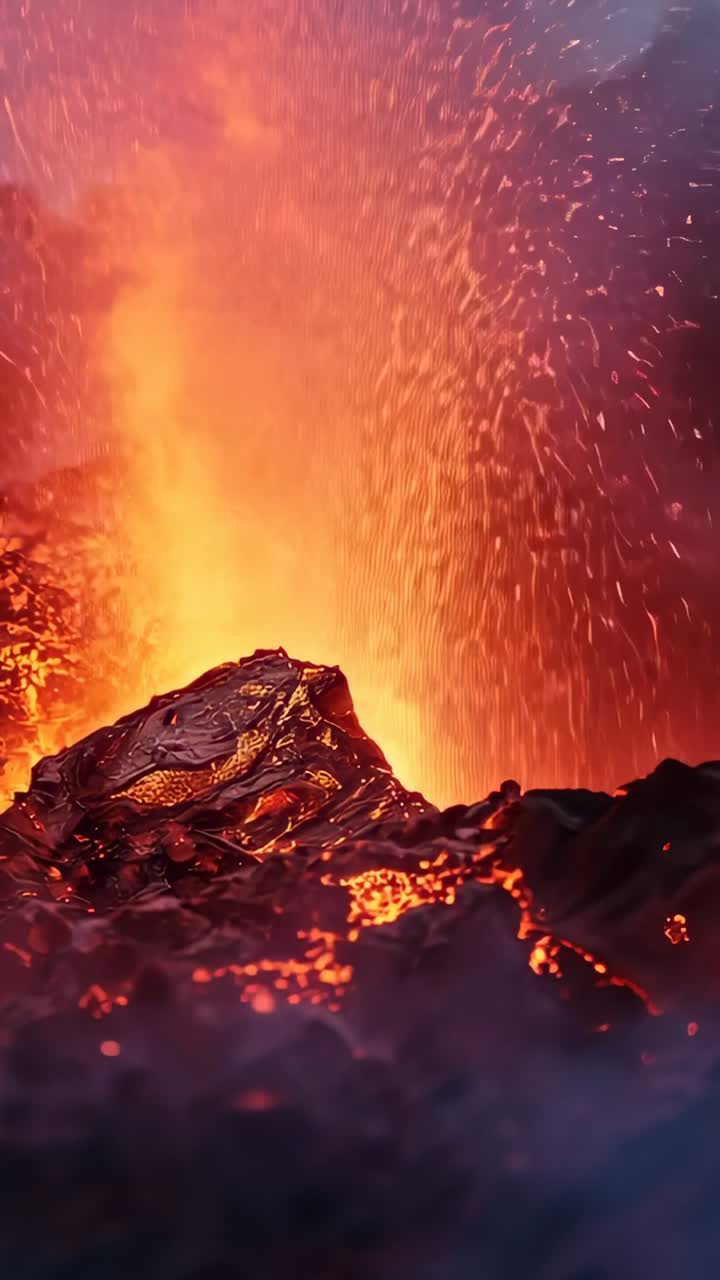 Vertical video: Intensifying glow causing volcanic vent erupting on fresh lava, spitting embers