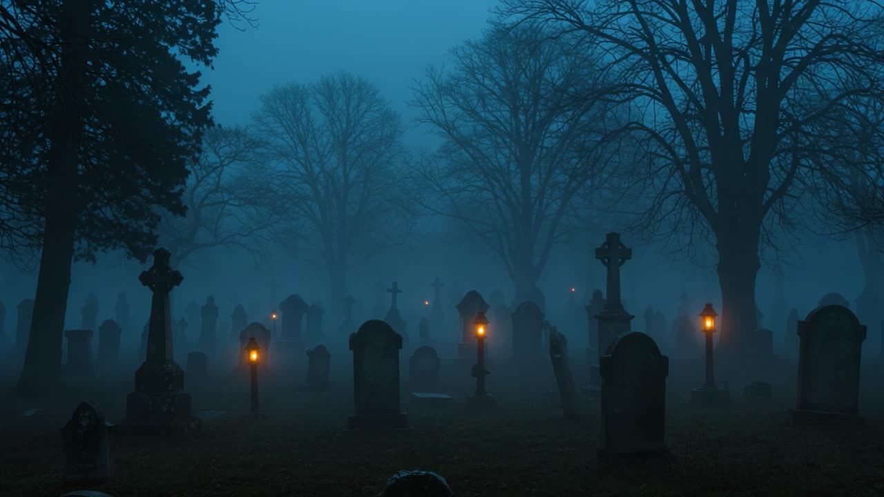 Cimitero misterioso al crepuscolo: una scena inquietante di nebbia, lapidi e luci tremolanti che cattura l'atmosfera di una notte spettrale.