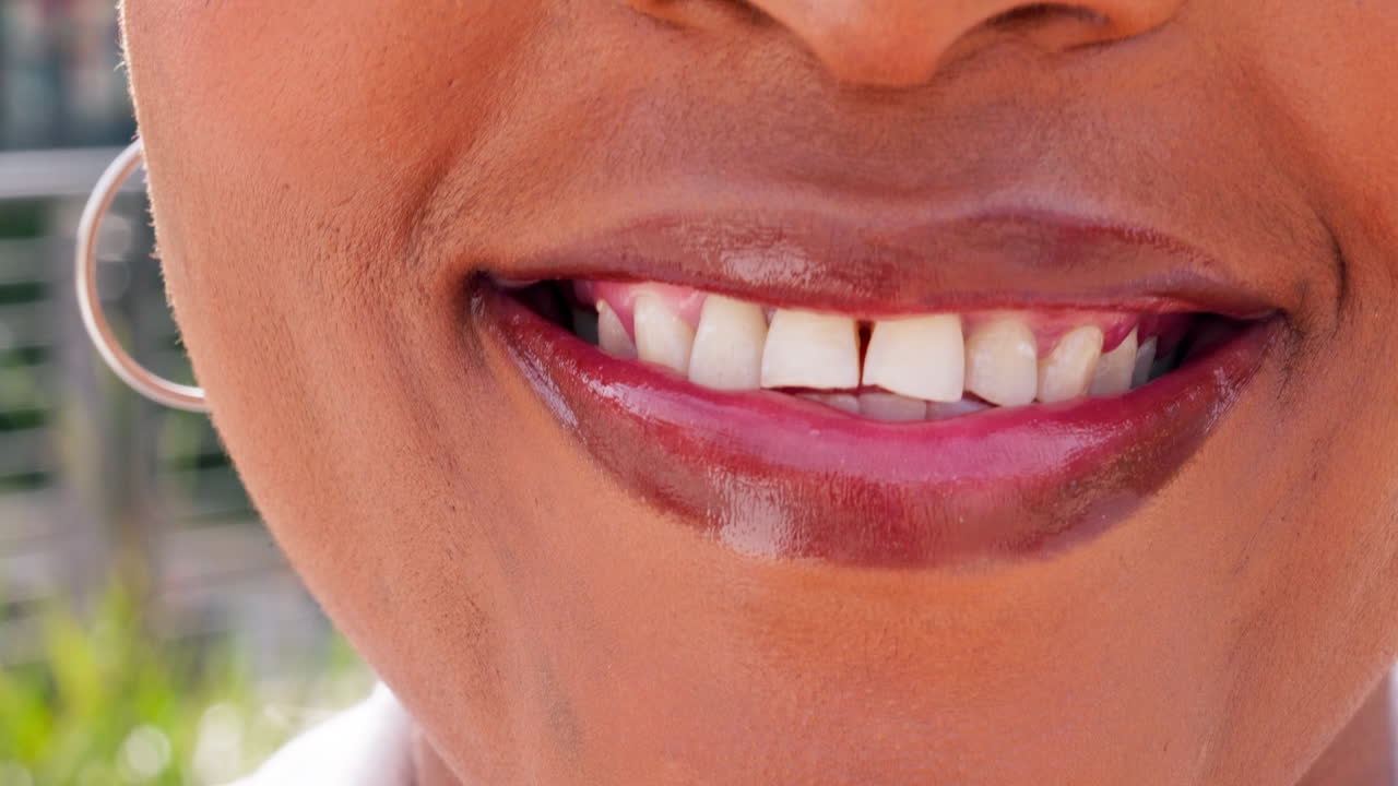 Mouth, closeup and woman with a smile on face