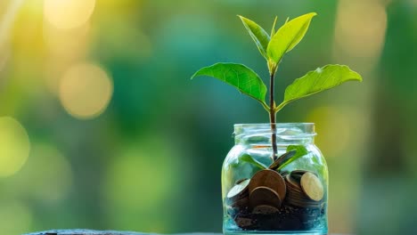 a glass jar filled with coins and a plant growing out of it