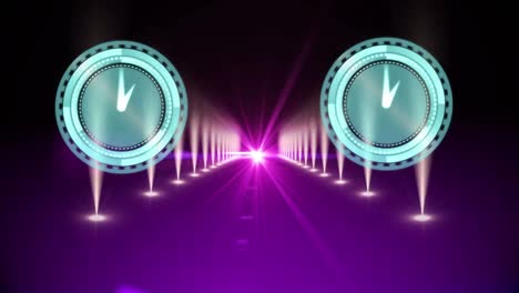 Animation-of-moving-clocks-over-violet-path-with-lights