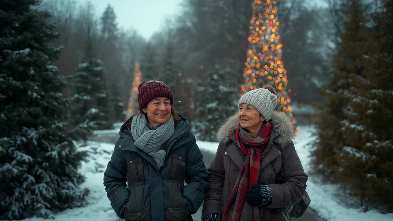 Spotting Christmas tree two senior friends wearing coats strolling snowy forest sharing greetings