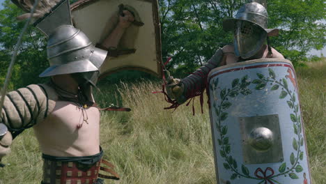 roman gladiators in reenactment combat
