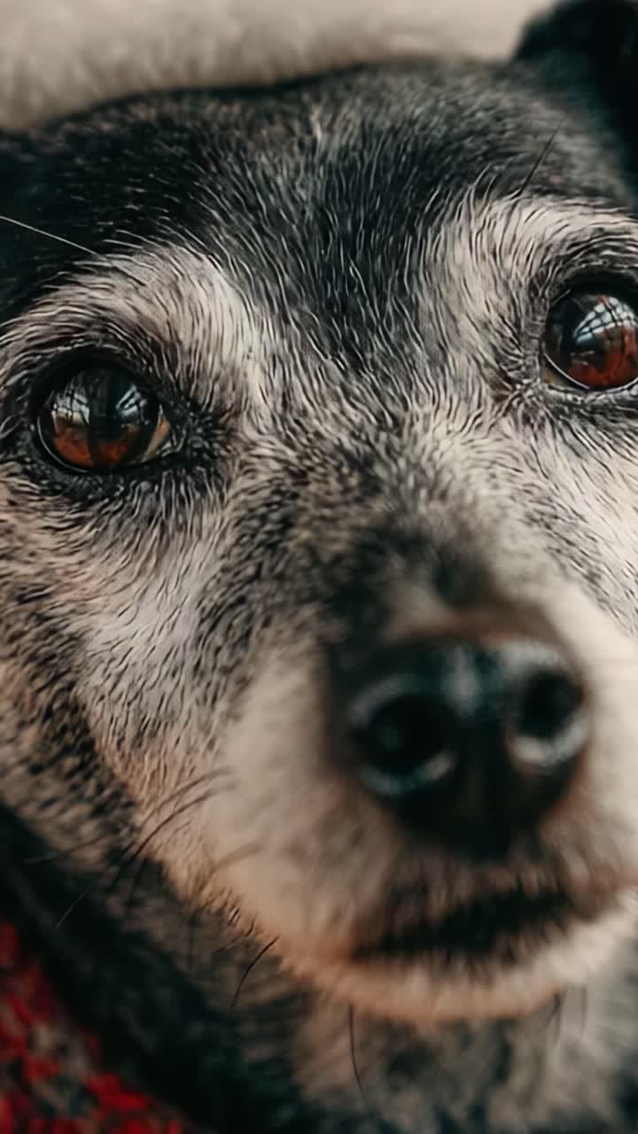 A Close-Up Portrait of an Elderly Dog with Beautiful Deep Eyes Wearing a Holiday Hat, Capturing the Heartwarming Spirit of the Season