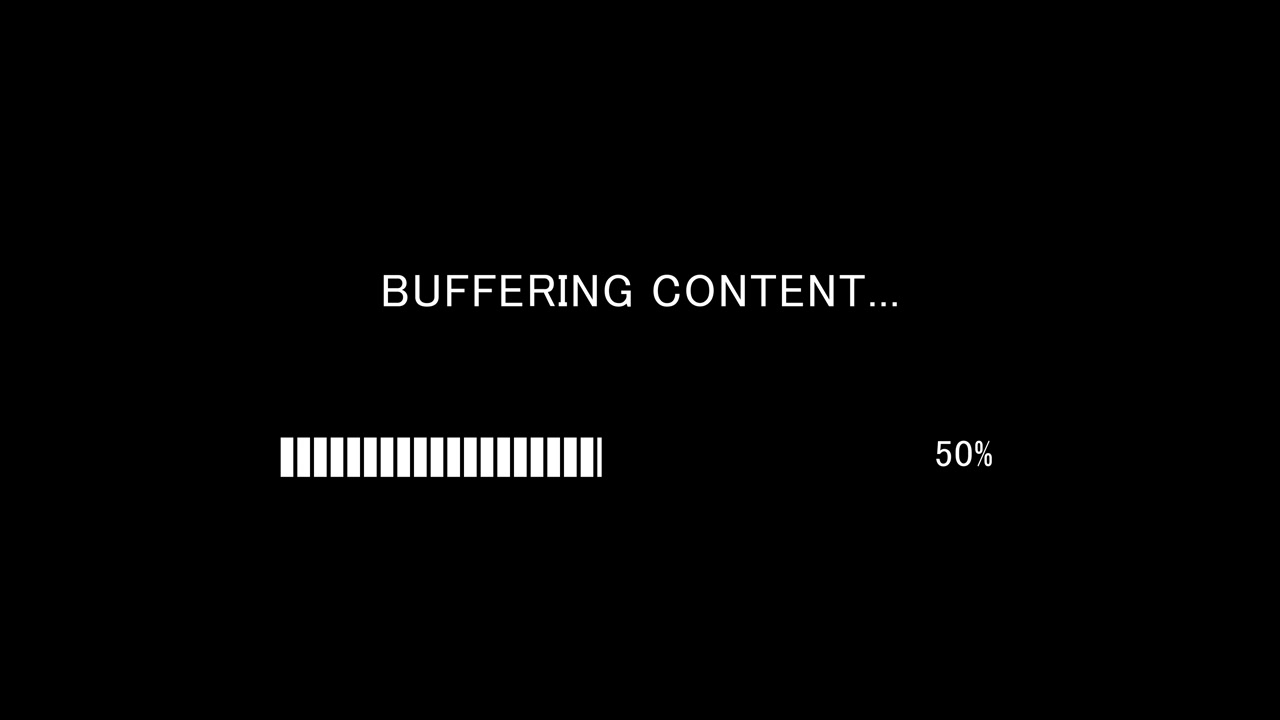 Retro TV screen showing buffering content message with loading bar on black background, seamless loop