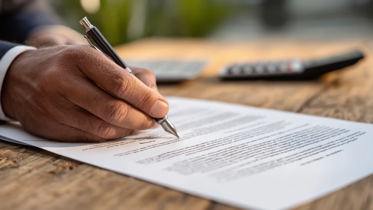 A close-up view of a hand signing important documents, highlighting the careful process of formalizing agreements or contracts in a professional setting