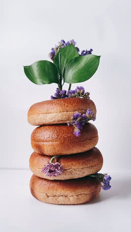 stack of bagels with flowers