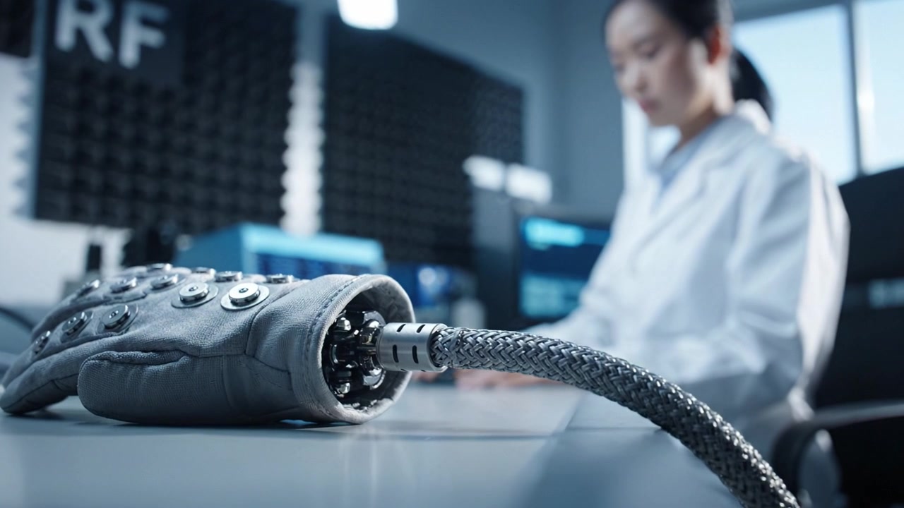 A researcher in a high-tech lab examines an innovative robotic glove designed for advanced interaction and control with electronic devices, showcasing its intricate details.