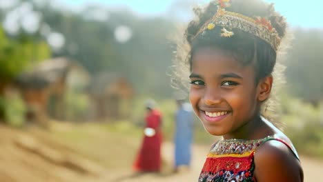 una joven africana sonríe felizmente con un vestido tradicional y una corona