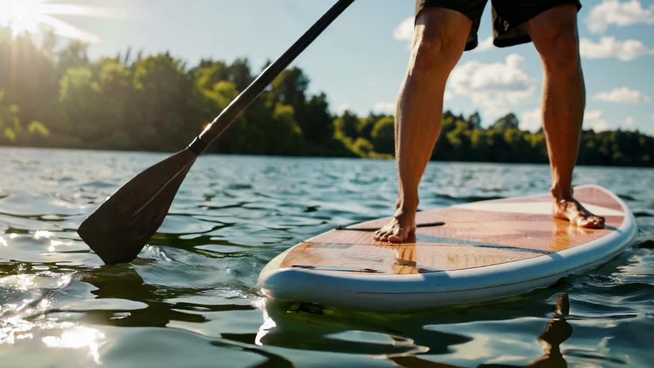 Low-angle video shot of a person paddleboarding on a serene lake, capturing the vibrant, sunny