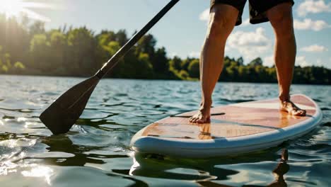 Low-angle video shot of a person paddleboarding on a serene lake, capturing the vibrant, sunny