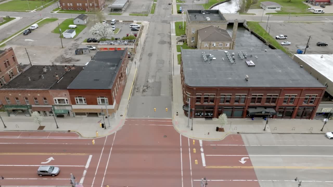 Albion, Michigan downtown with drone video moving sideways