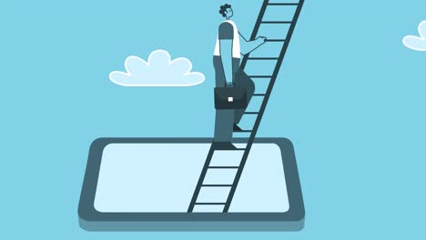 businessman with briefcase climb up the ladder stairs from smartphone. flat design cartoon character isolated loop 2d animation with alpha channel